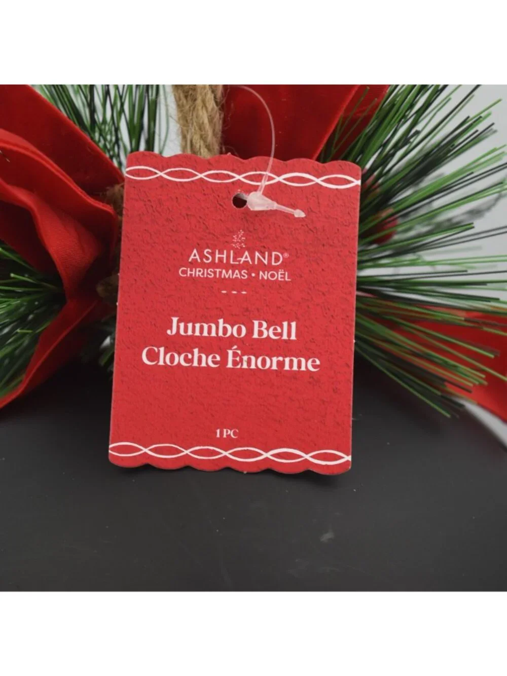 Jumbo Black Christmas Jingle Bell Ornament With Pine & Red Bow